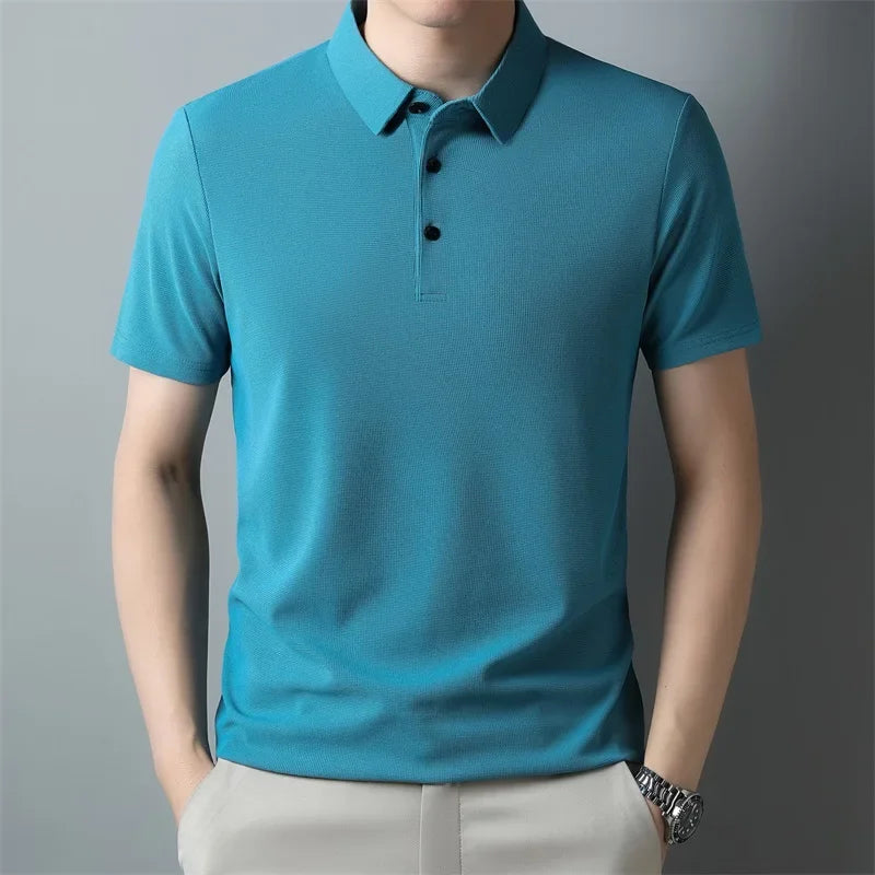 Neues lässiges Waffel-Kurzarm-Poloshirt für Herren, modisches einfarbiges Oberteil