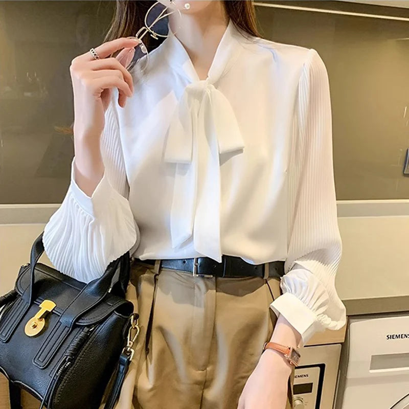 Neue Plissee Ärmel Chiffon Bluse Frauen Frühling Sommer Chic Design Bowknot Spitze-Up Langarm-shirt Einfache Professionelle Kleidung