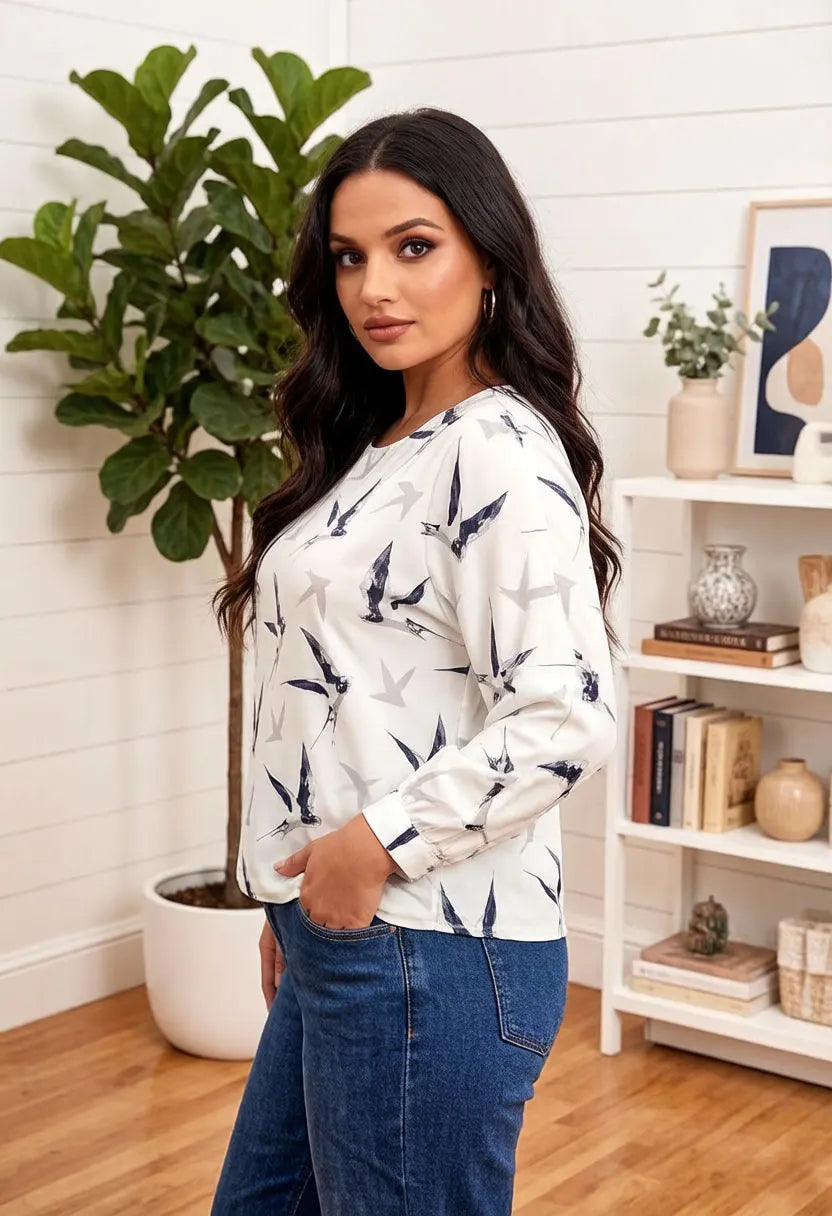 Damen-Bluse mit Vogelmuster, Chiffon-Oberteil, 3/4-Ärmel, Rundhalsausschnitt, lässiges, locker sitzendes Sommerhemd