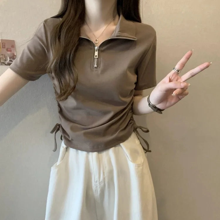 Damen Halbzip-Poloshirt Sommer Kurzarm Gerafftes Crop-Top mit Kordelzug Slim Fit Casual für Damen