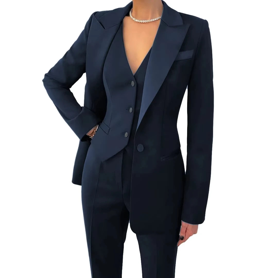 Damenanzüge, 3-teilig, Marineblau, einfarbig, mit einem Knopf, für Business, Bankett, formelle Anlässe, Arbeit, Büro, Alltag, Jacke, Weste mit Hose