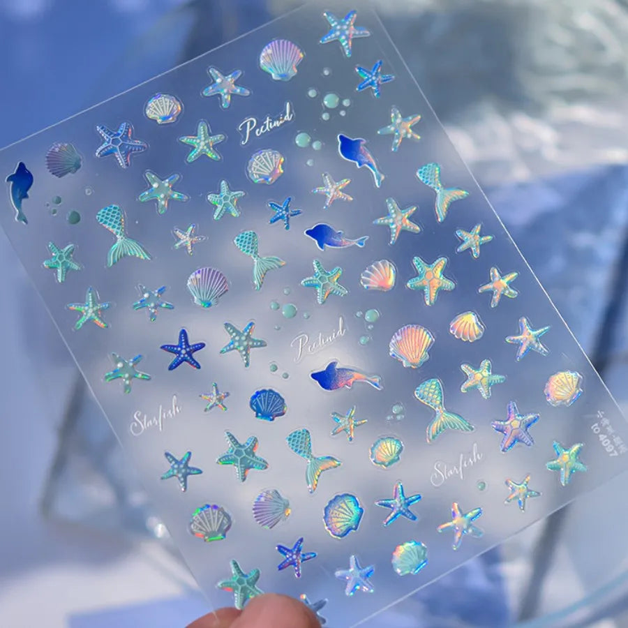 5D Sommer Muschel Nagel Aufkleber Glänzende Geprägte Seestern Nägel Aufkleber Sommer Strand Weinglas Quallen Nagel Aufkleber Dekoration