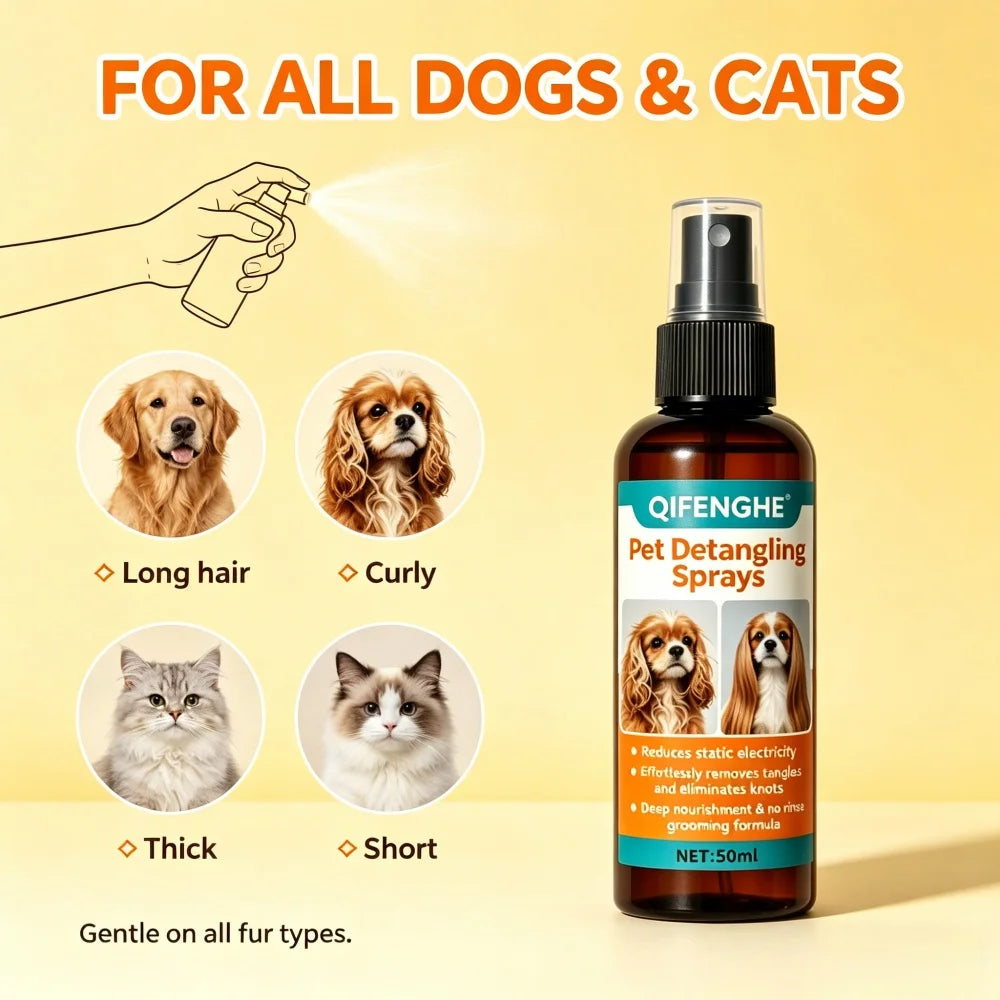 QIFENGHE 50ml Entwirrungsspray für Haustiere, Leave-In Conditioner für Hunde & Katzen, Reduziert Statische Aufladung & Beseitigt Knoten, Pflegespray ohne Ausspülen