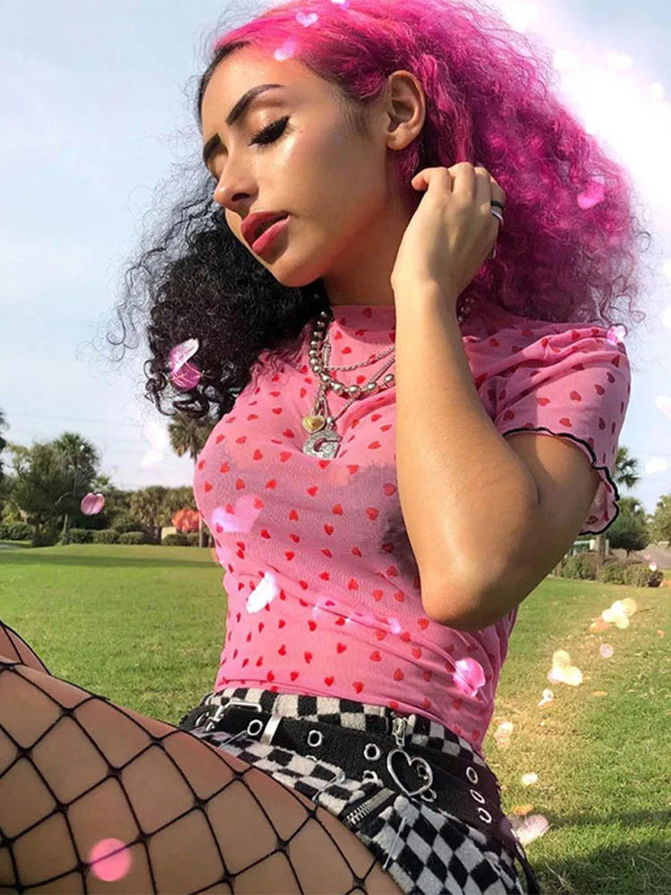 Hot Mesh Herz Roll kragen T-Shirts Tops Frauen transparent durchsichtig weiß schwarz elastisch dünn Crop Tops dehnbar neu