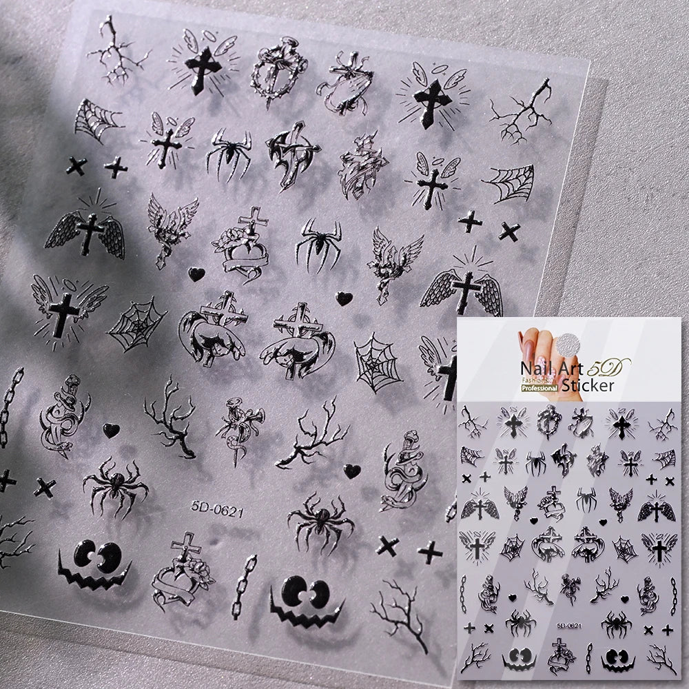 5D Halloween Geist Fledermaus Kürbis Nagel Aufkleber Glänzende Spinne Skelett Vintage Kreuz Nagel Aufkleber Halloween Gruselige Nagel Slider Decora