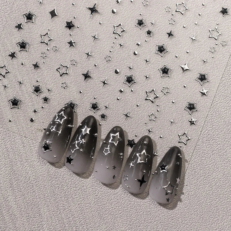 1pc 5D Y2K Gothic Metall Schwarz Silber Sterne Nagel Aufkleber Luxus Stern Nail art Aufkleber Vergoldung Hohl 5-zackigen Nagel Design Slider