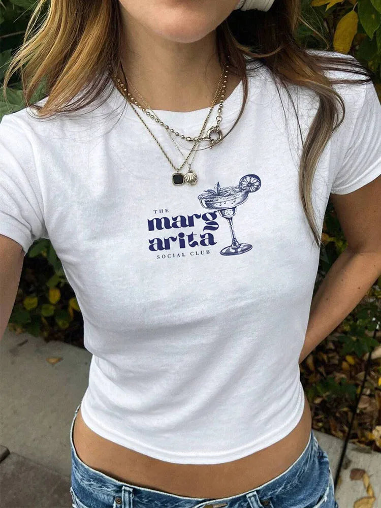 Y2K Sommer Slim Fit Mode T-Shirt Martini Cocktail Kurze Gerade Schulter Trendy Top für Freizeitkleidung