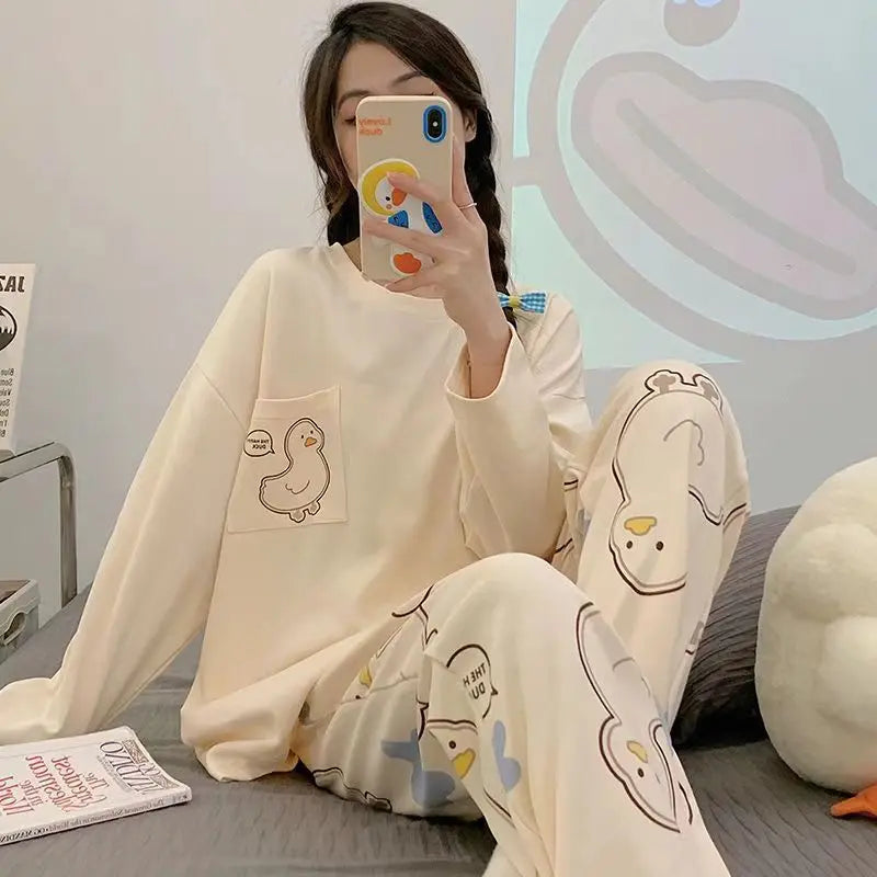 Damen-Pyjama im neuen Frühlings- und Herbststil, künstlerischer Langarm-Pullover in Übergröße, Cartoon-, Herbst- und Winter-dünne Homewear