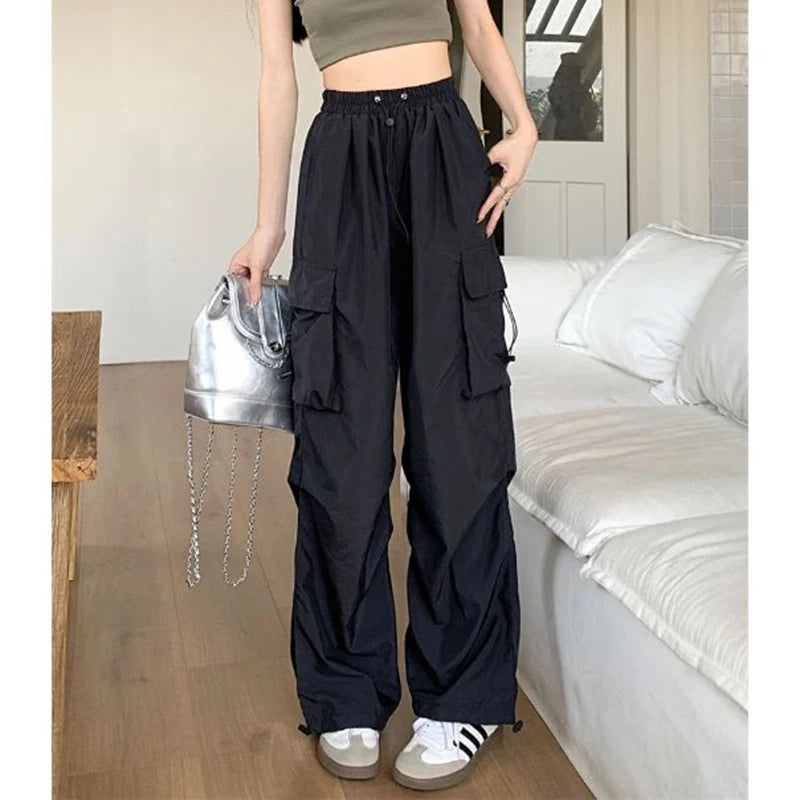 Große Größe Weibliche High Street Cargo Hosen Dame Baggy Hohe Taille Gerade Bein Hosen Mädchen Klassische Mode Kordelzug Hosen