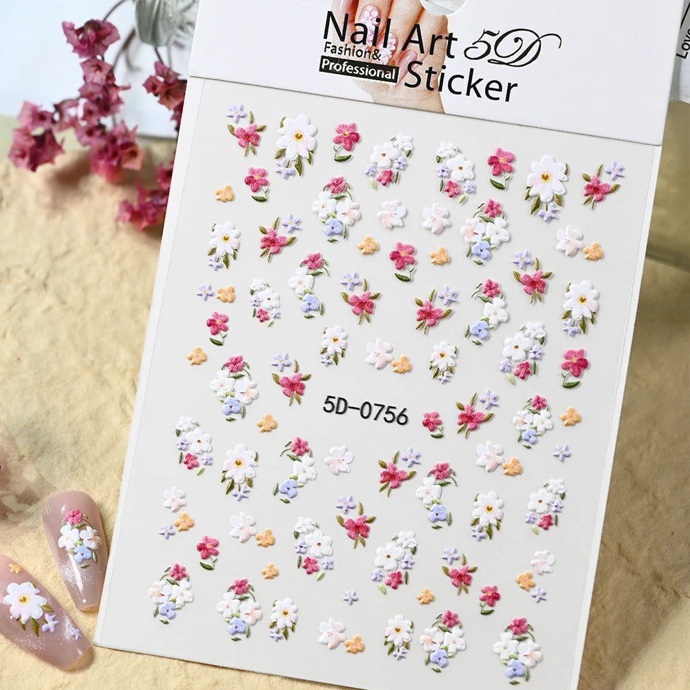 1 Stück 5D Relief Bunter Gänseblümchen-Nagelaufkleber Grünes Blatt Gänseblümchen-Nageldekor Frühlings-Klebefolie Gänseblümchen-Nagelslider