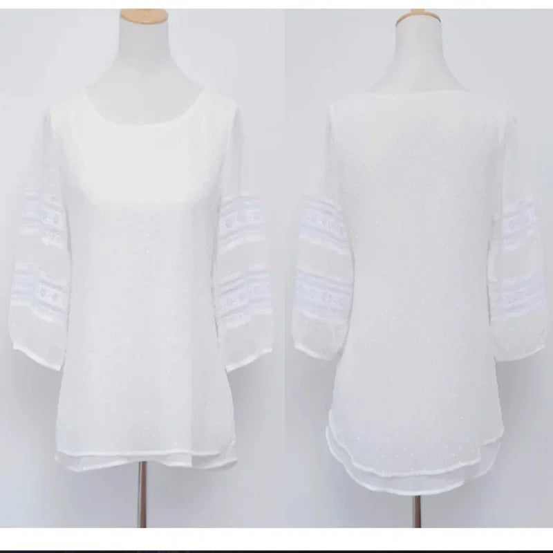 Damenoberteile, modische Bluse, halbe Ärmel, Chiffon-Hemden, Spitzennähte