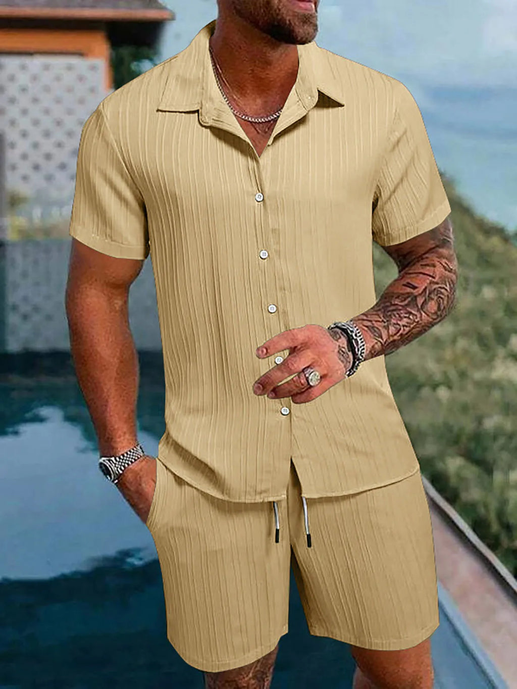 Neues hawaiianisches Urlaubshemd- und Badehose-Set für Herren, 2-teilig, kurzärmelige Hemden mit Shorts, Sommer, schnell trocknend, Schwimmen, Freizeit