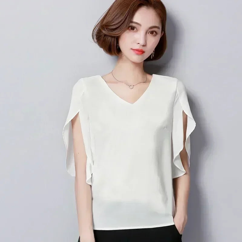 Frauen Chiffon Kurzarmhemd sexy V-Ausschnitt lose gekräuselte Chiffon Bluse.