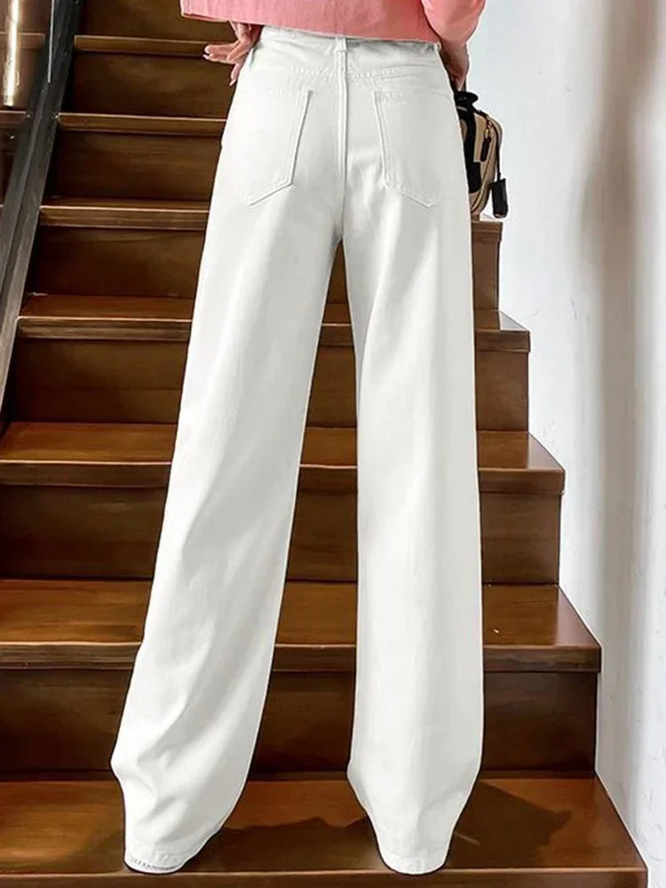 Frauen Frühling hohe Taille lose Jeans weites Bein Jeans Dame Straße koreanische Version Baggy Pants weiße Mode gerade Bein Hose