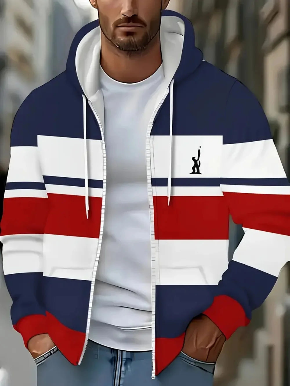 Lässiges, gestreiftes Herren-Sweatshirt mit Kapuze und durchgehendem Reißverschluss, Outdoor-Kleidung, glatte Kapuzentaschen mit Kordelzug, einfache gestreifte Sportbekleidung für Herren