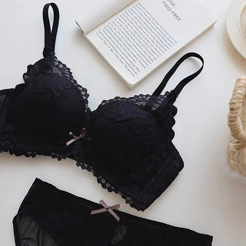 Spitzen-BH-Set im japanischen Stil für Damen, kleine Büste, Push-Up-Lift, verstellbar, Anti-Durchhängen, seitliche Unterstützung, kein Lücke, kabellos, luxuriöser Komfort AB