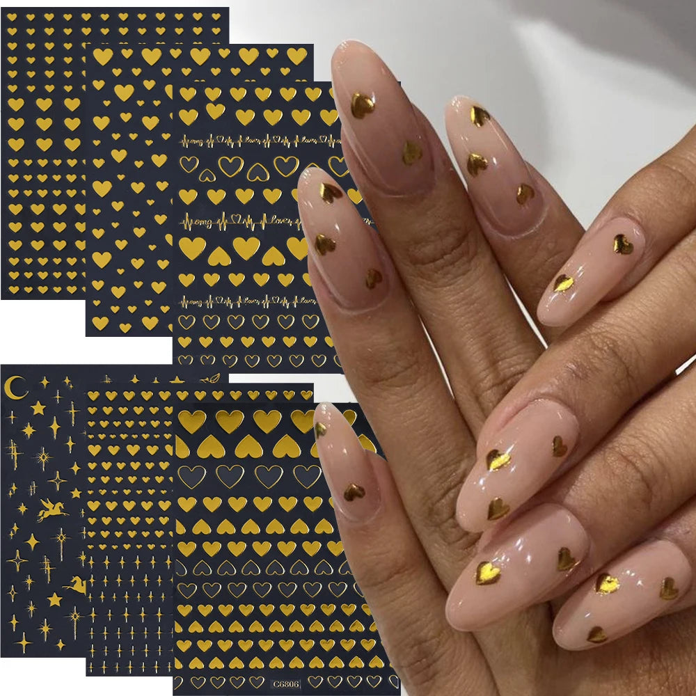 6 Stück 3D Blaue Herz-Nagelaufkleber Bronzierte Gold Silber Stern Mond Sonne Selbstklebende Slider Y2K Nagelkunst Abziehbilder Maniküre Dekoration