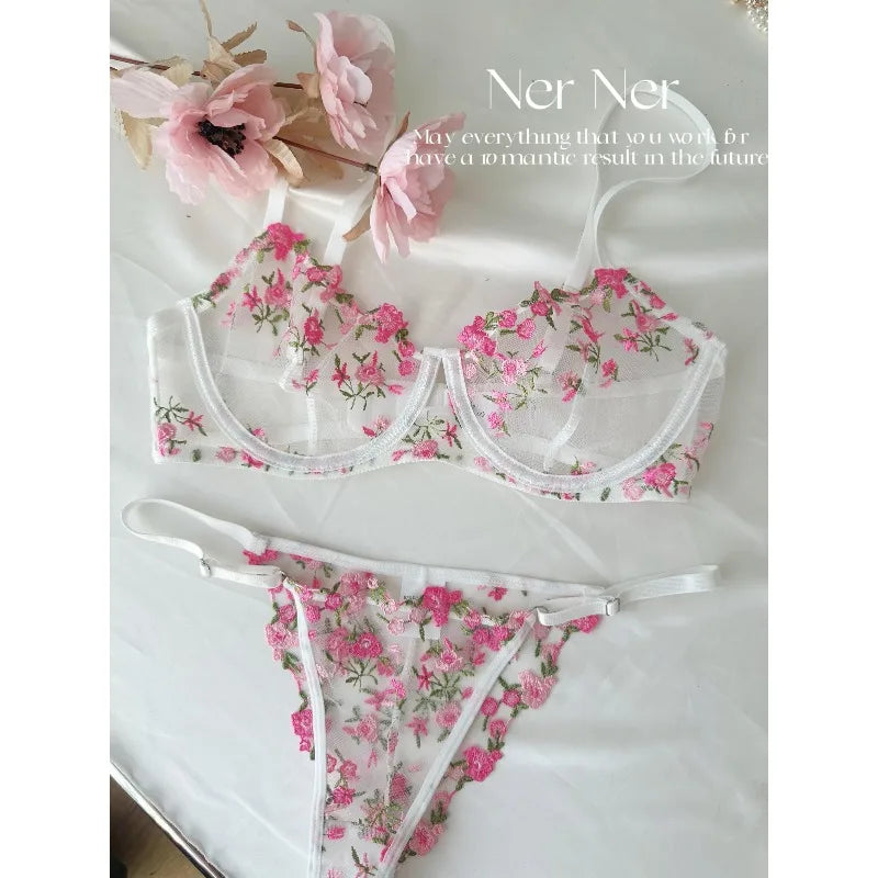 Kawaii japanisches Dessous-Set aus transparentem Tüll, rosa Blumenstickerei-BH, Bralette, reines passendes Set, BANERDANNI Tushy-BHs