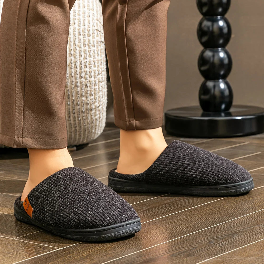Memory Foam Cushion Hausschuhe Herren Wildleder TPR Sohle Plattform Warm Weich Rutschfest Streifen Bequeme Innenschuhe Gestrickt