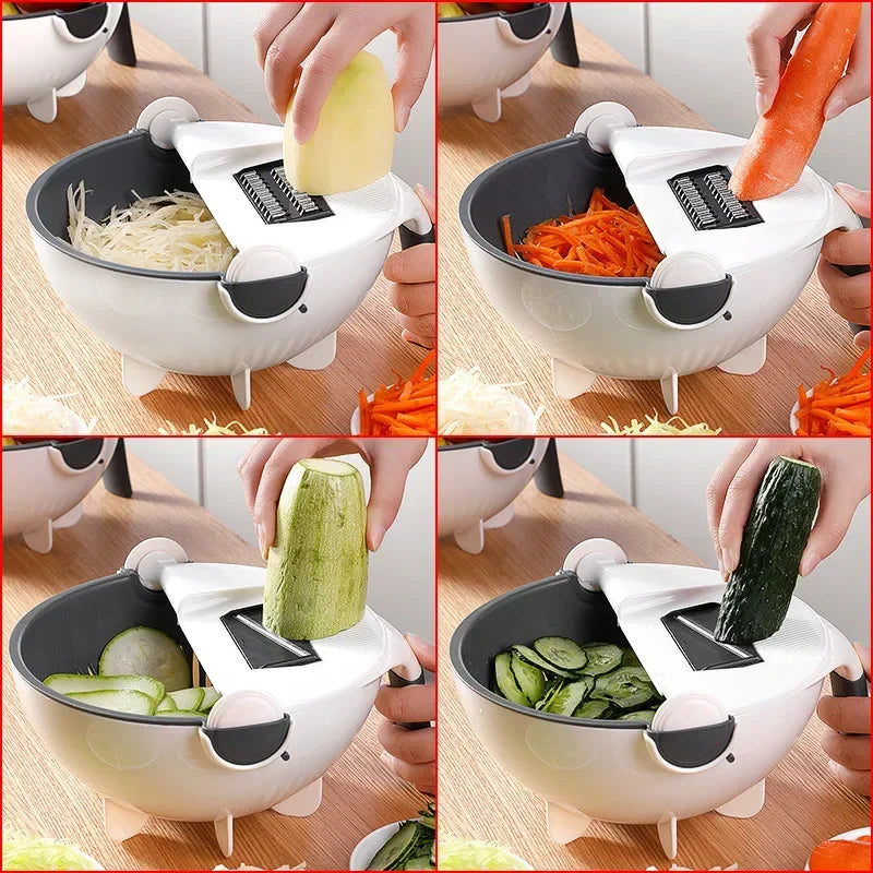 Multifunktionaler 2-in-1-Gemüseschneider, Zerkleinerer, Obstsieb, Korb, Spiralschneider, Reibe, Lebensmittelschäler, Mandoline-Schredder