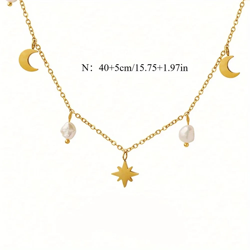 Elegante 18K Vergoldete Edelstahl Stern- und Mond-Anhänger Halskette mit Französischem Stil Zarter Perlenschmuck für Süße Mädchen