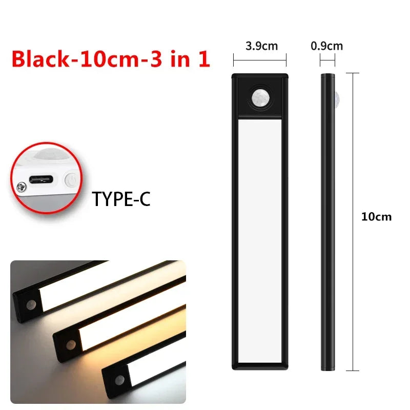 10–60 cm Bewegungsmelder unter dem Schrank, kabelloses, wiederaufladbares USB-Nachtlicht, 3 Farben, Schranklampe für den Innenbereich, Schlafzimmerbeleuchtung