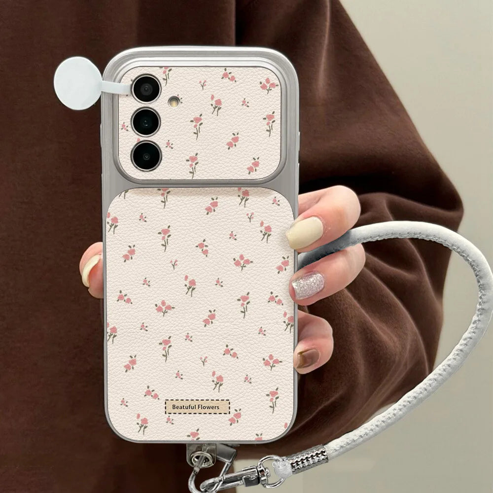Blumen-Handyhülle für Samsung S26 Ultra S25 S24 FE Plus Leder-Lanyard für Samsung A56 A55 A57 A36 A37 A27 A07 A16 A17 Cover