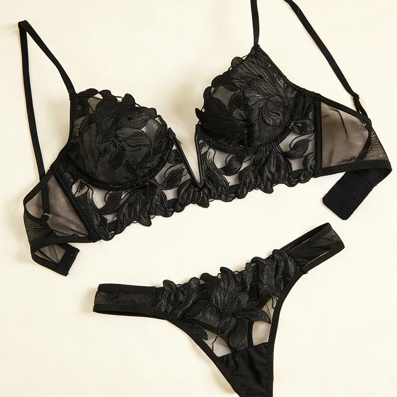 Feen-Dessous mit Blumenmuster, Valentinstag, bezaubernde kurze Höschen-Unterwäsche, sexy Nachthemd, ausgefallene V-Unterwäsche, Slip-Set für Damen, durchsichtiger BH