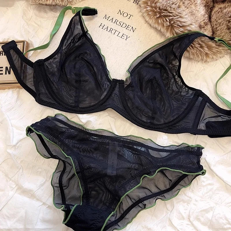 Elegantes Minimizer-BH-Set im französischen Design, modische Dreiecksschalen, strukturelle Unterstützung, ultradünnes, weiches Mesh-Dessous-Set, MOYISU Sexy Tushy