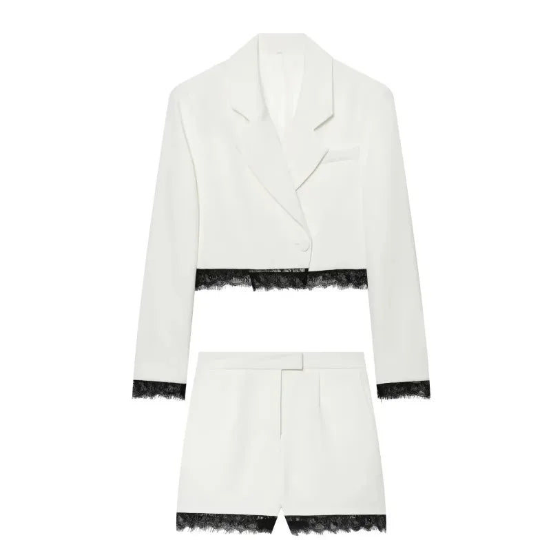 zoci Kurze Spitzenblazer für Damen, Anzug, Sommer-Blazer-Set, 2-teilig, Damen-Schulterpolster, Damen-Schneiderblazer, Bermuda-Shorts