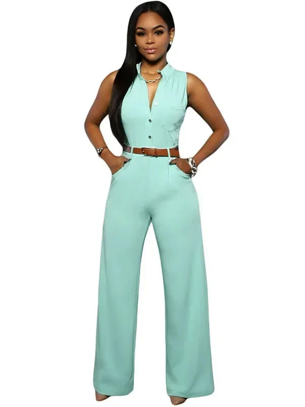 Damen Jumpsuit Sexy Ärmellos Tiefer V-Ausschnitt Weites Bein Jumpsuit Romper Mit Gürtel