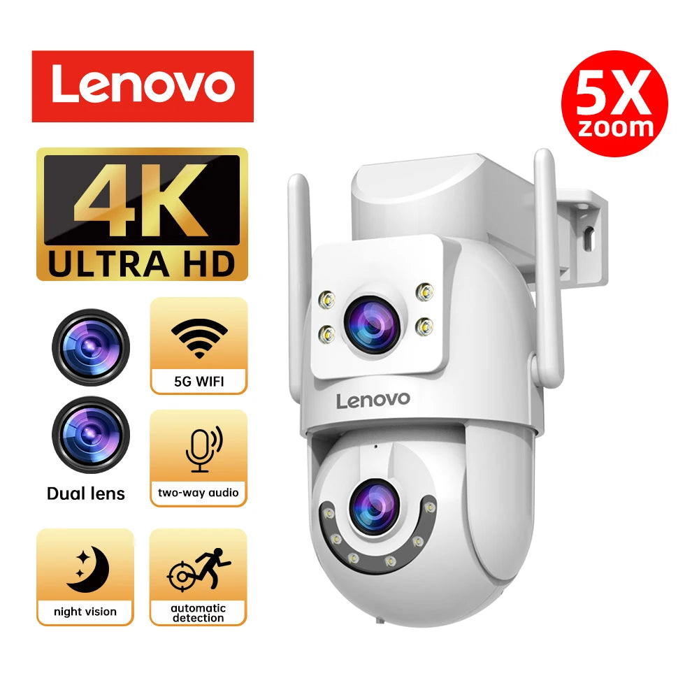 Lenovo Outdoor-Überwachungskamera, 4K HD IP-Kamera mit zwei Objektiven, PTZ-Farbnachtsicht, CCTV-Videoüberwachungsschutz