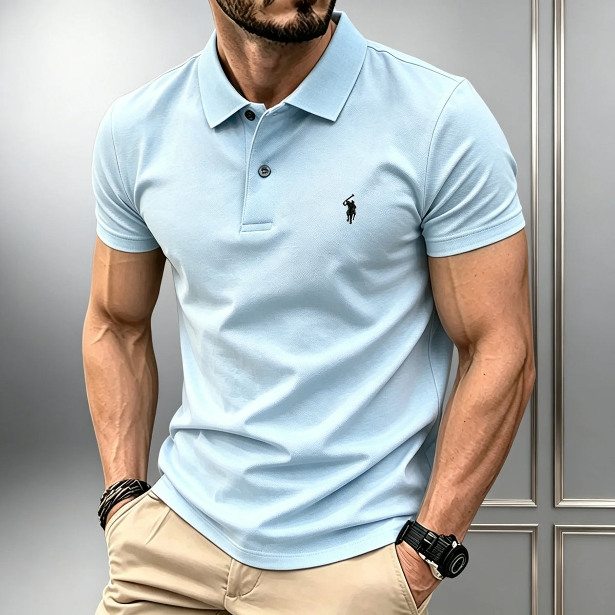 Herren Einfarbiges Poloshirt Regular Fit Business Casual Kurzarm-Oberteil mit Kleiner Pferde-Stickerei auf der Brust