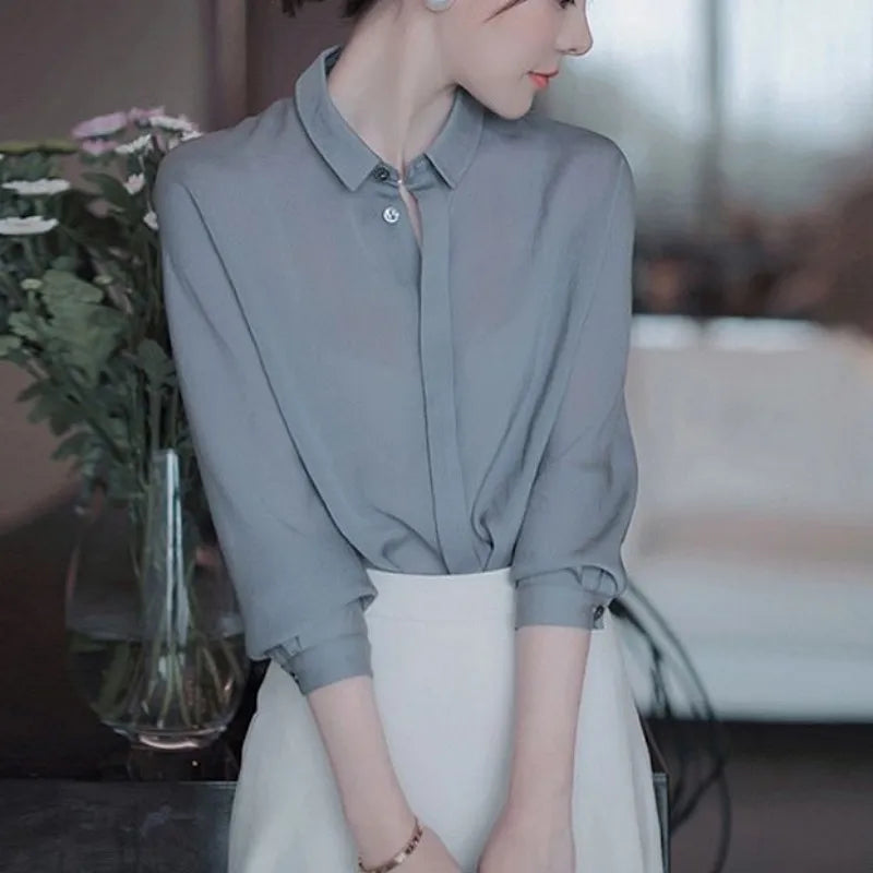 Frauen Frühling Herbst Stil Blusen Hemden Dame lässig Langarm Turn-Down-Kragen einfarbige Blusas Tops wy1038