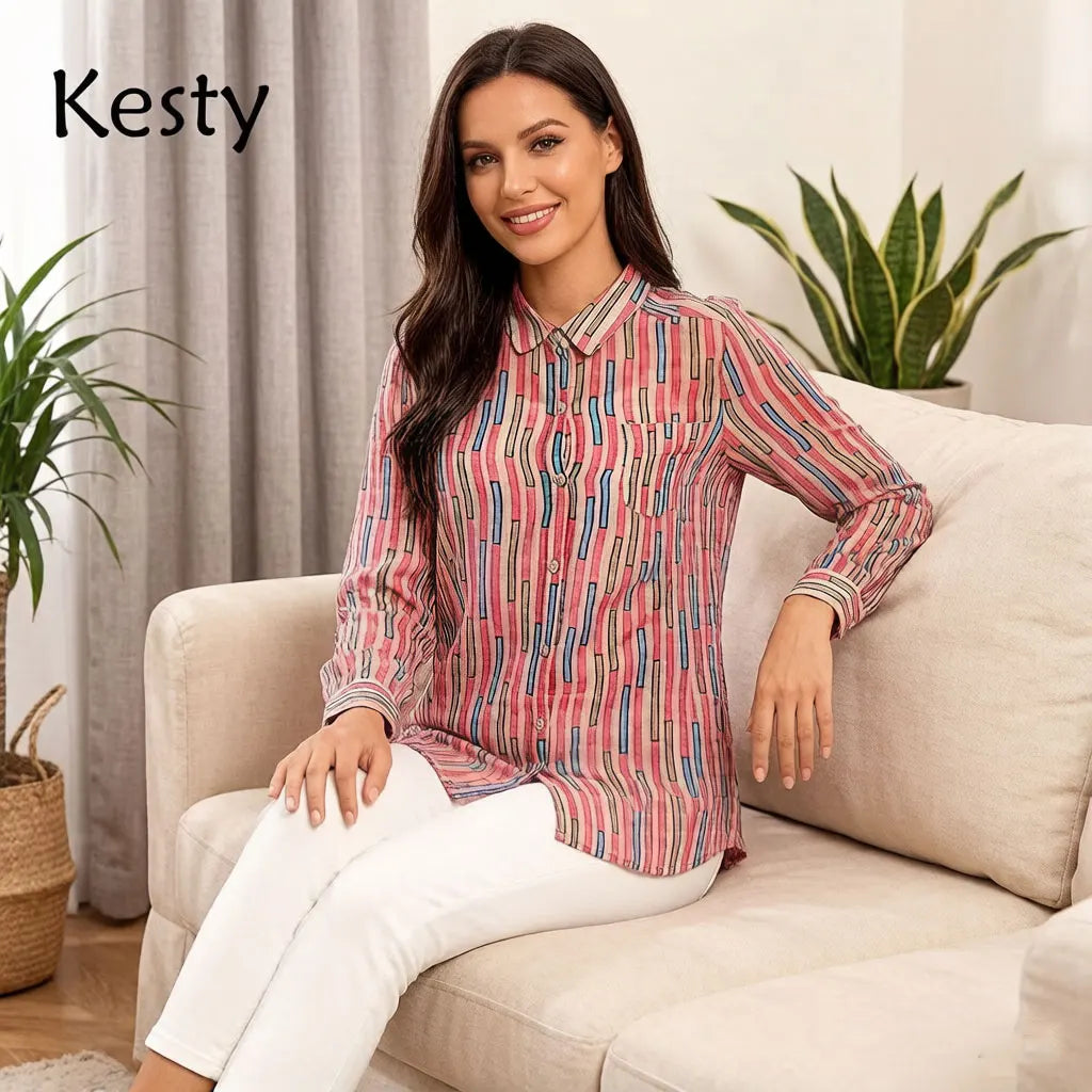 Damen-Hemd mit Streifenmuster, rosa Farbblock, langärmlig, Button-Down-Bluse mit Tasche, lockere Passform, lässig, für das Büro
