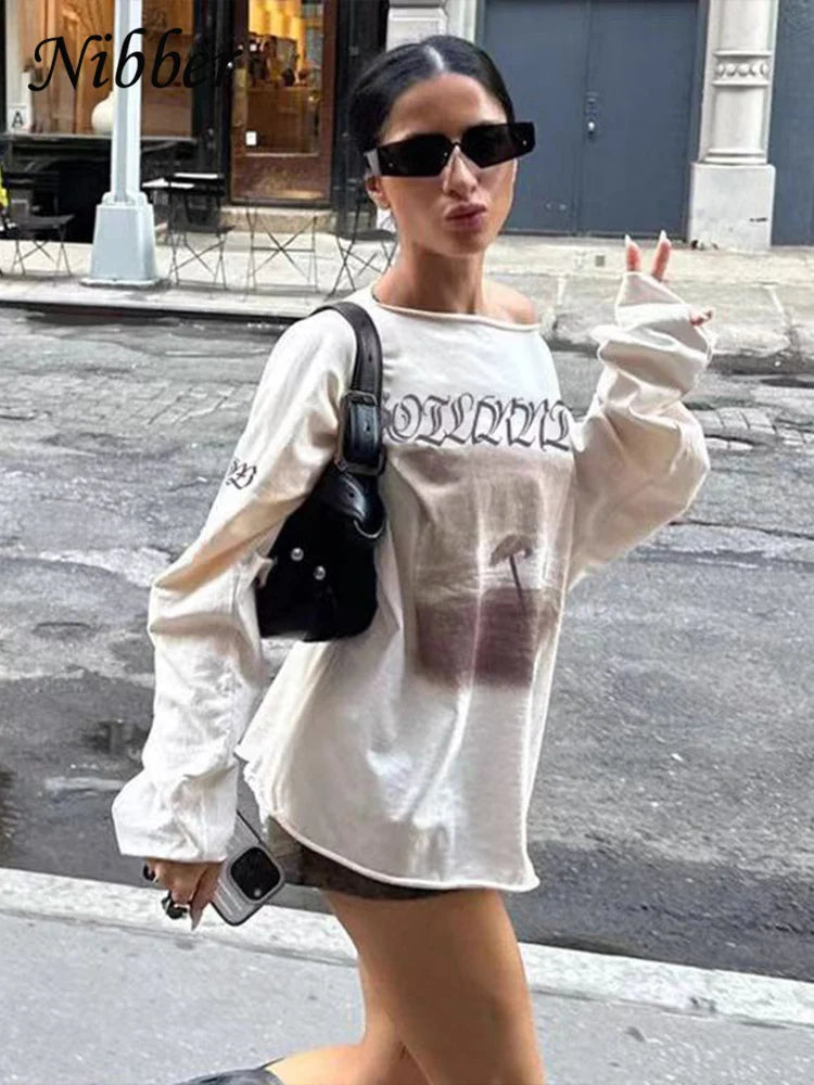 Nibber lässig lose Pullover T-Shirt Frauen Herbst Trend Schräg kragen voller Ärmel Grafiken drucken lässigen Komfort wilde tägliche T-Shirts