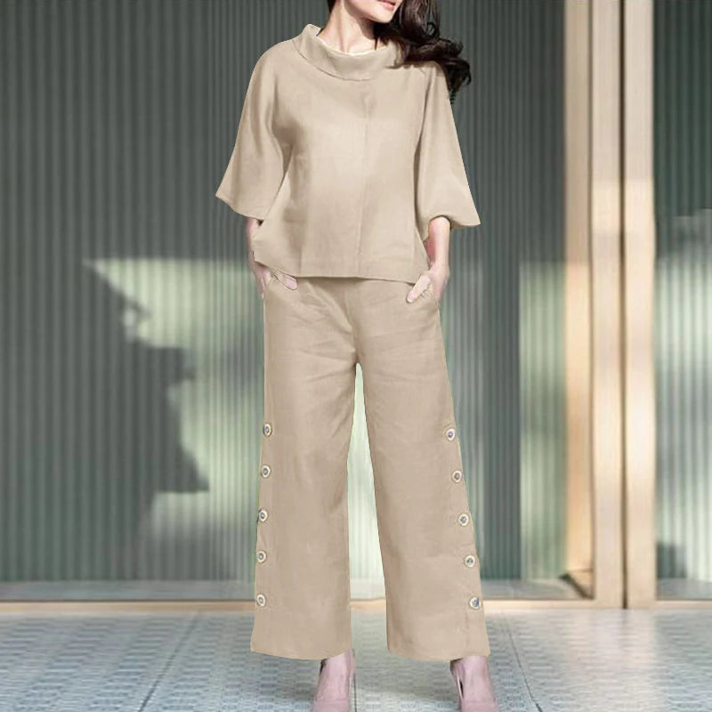 2 Stück Damen Hosen Sets Zanzea Sommer solide ol passende Sets o Hals 3/4 Ärmel Bluse weites Bein Hose lässig locker Arbeits anzug