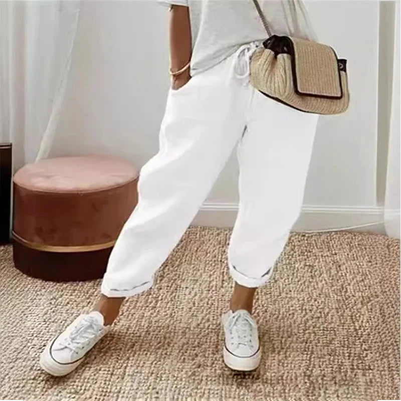 Einfarbig Kordelzug Elastische Taille Frauen Hosen Sommer Plus Größe Beiläufige Breite Bein Hosen Weibliche Lose Elegante Oversize Hosen