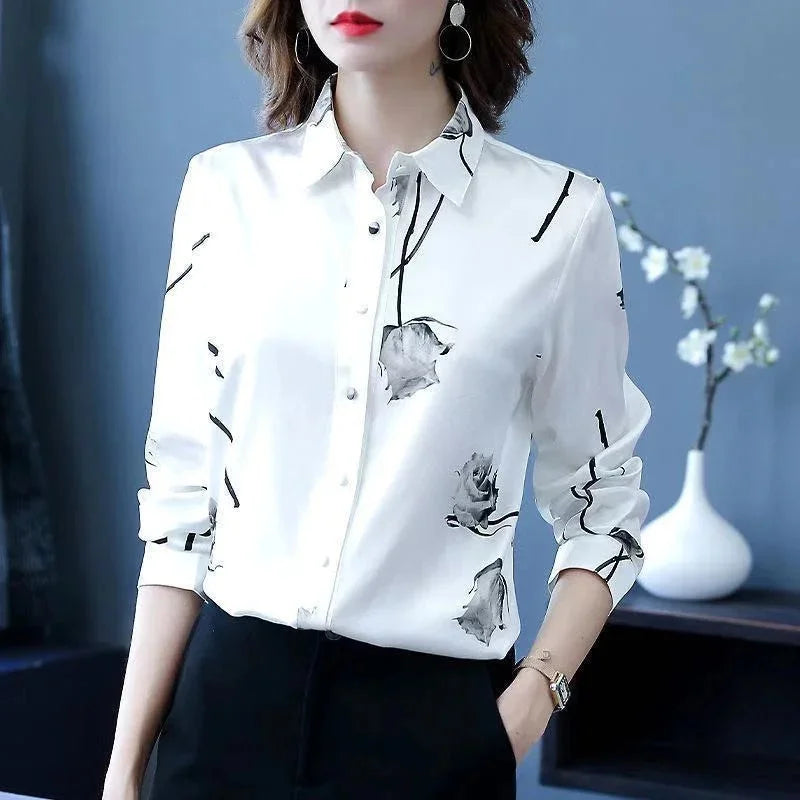 Frau Frühling Herbst Stil Blusen Hemden Dame lässig Langarm Turn-Down Kragen Blume gedruckt Blusas Tops
