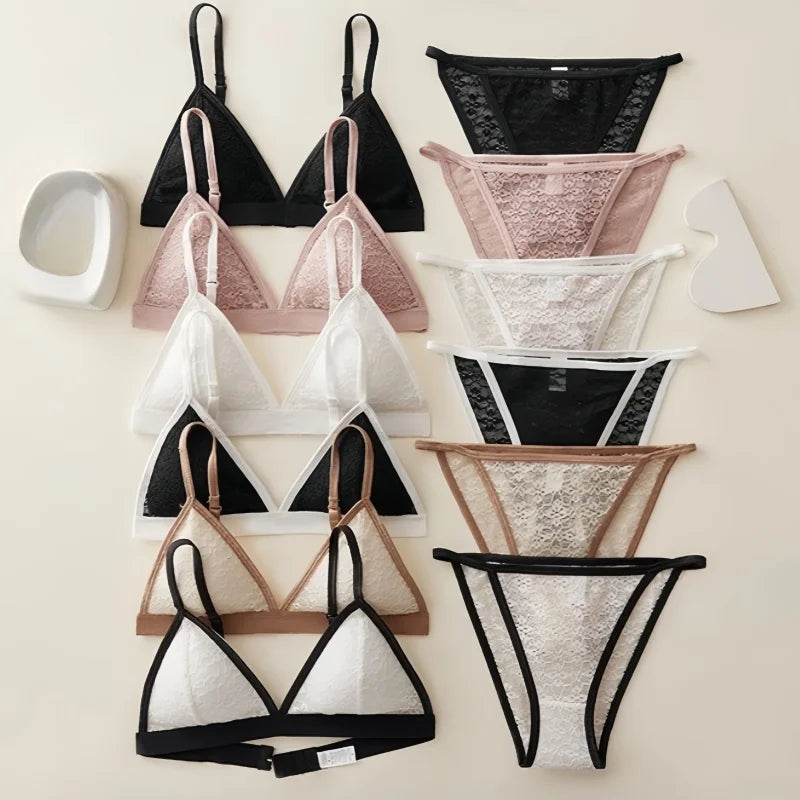 Frauen Spitze BH und Höschen Set drahtlose Bra lette niedrige Taille transparente Höschen weibliche ultra dünne sexy nahtlose Unterwäsche Set