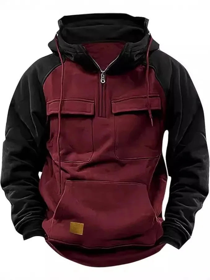 Herren Hoodie Sweatshirt Reißverschlusstaschen Arbeitskleidung Retro Farbblock Wintersport Flügelärmel Lose Passform Lässige Streetwear