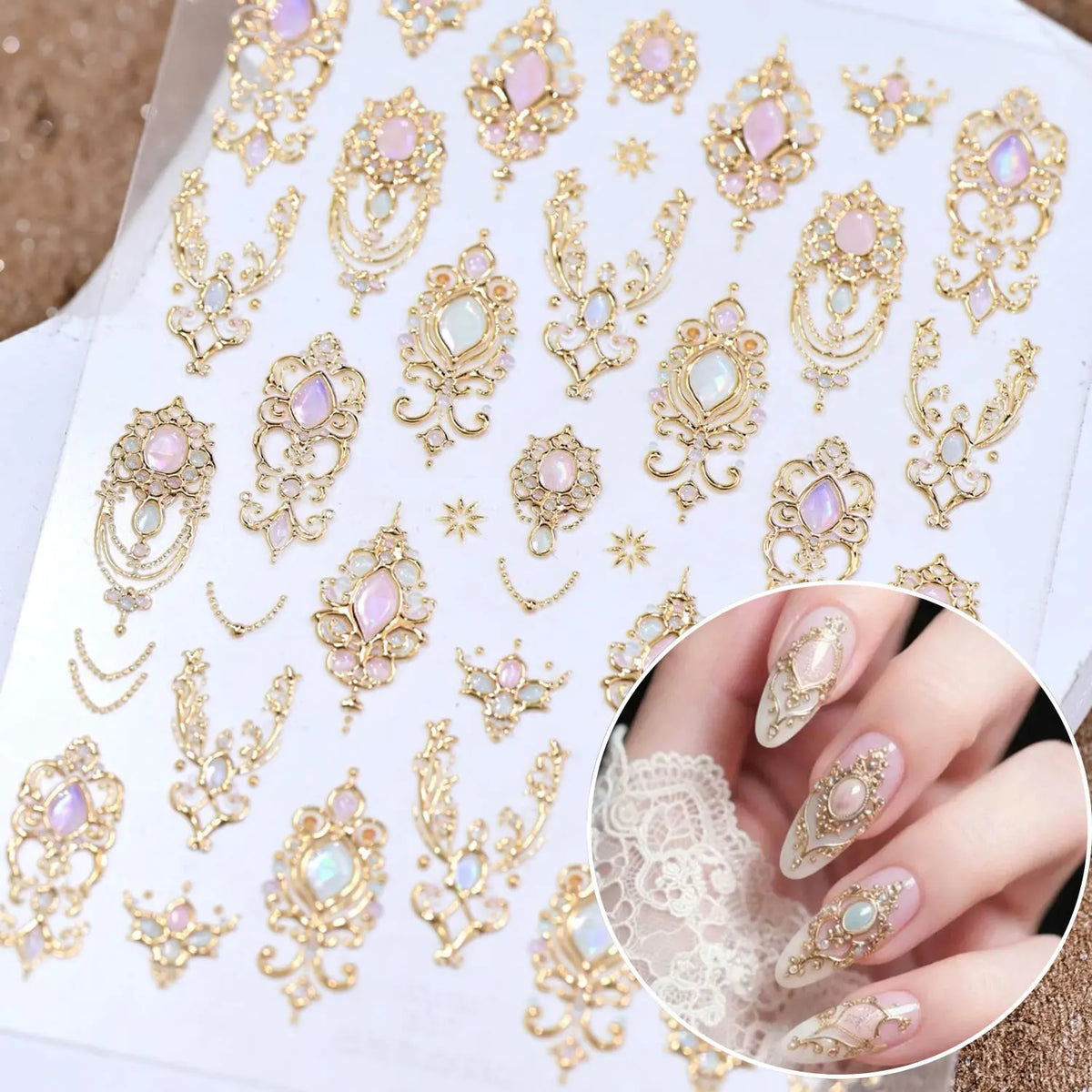 1 Stück 5D geprägte Gold rosa Diamant Halskette Nagelaufkleber Vintage Barock Zepter Nagelaufkleber selbstklebende Nägel Kunstdekoration