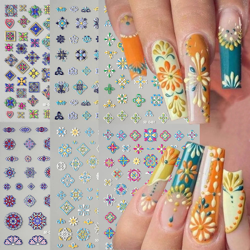 1 Stück Bohemian Painted Stickerei Nagelaufkleber 5D Retro Ethno Einzigartiges Muster Selbstklebender Blumenaufkleber Mexikanischer Nail Art Aufkleber