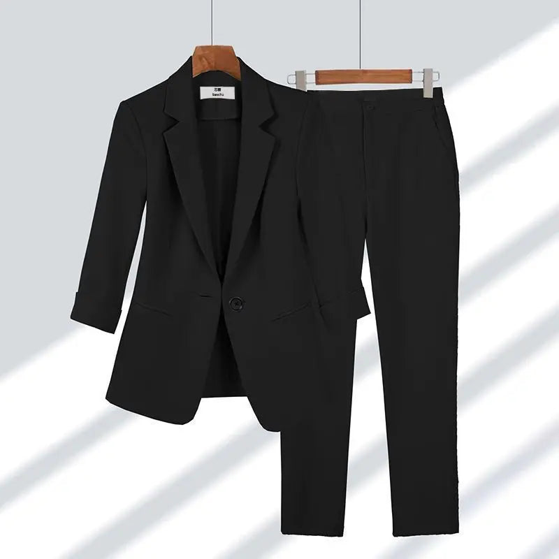 Elegantes Damen-Hosenset Büro-Outfit Geschäftskleidung Sommer Neue Dünne Jacke Blazer Lässige Weite Hose Zweiteiliges Set