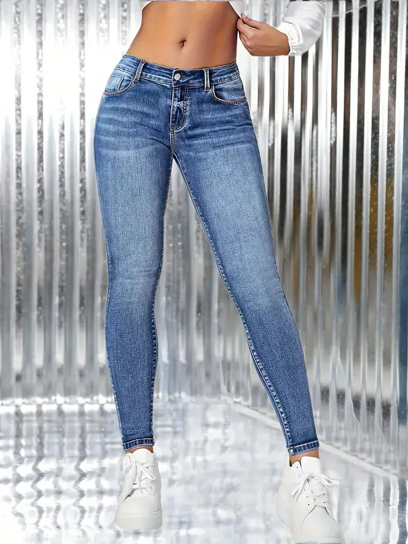 Damen-Jeans mit hoher Taille, Stretch-Denim, Hüftstraffung, schmale Bleistifthose, lange, schmale, einfarbige Hose für Damen, klassisches Design