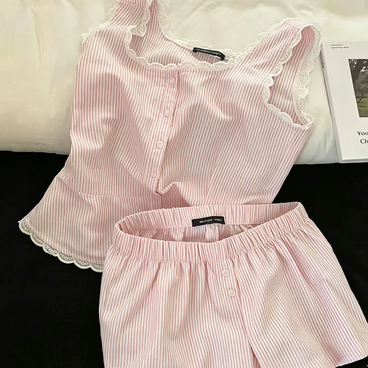 Gestreifte Damen-Pyjamas, Sommer-Nachtwäsche, ärmellose Shorts-Sets, 2-teilig, Spitzen-Nachtwäsche, Tank-Top, koreanischer Schlafanzug für zu Hause