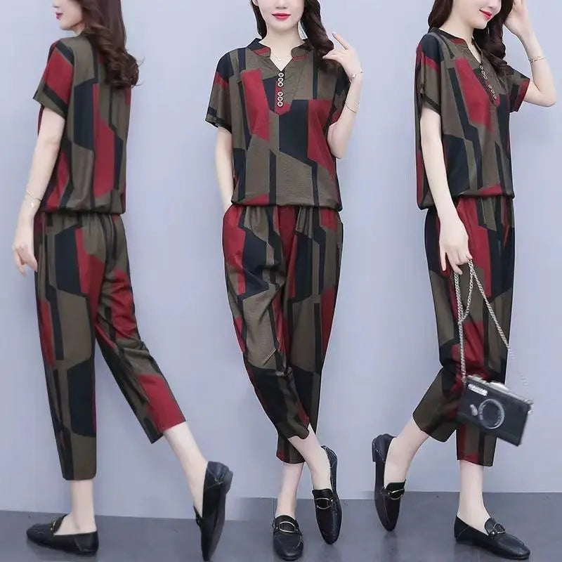 Frauen Casual Anzug 2025, Frühling Sommer Neue Mode Lose Koreanische Plus Größe Kleidung Kurzarm Tops Harun Hosen 2 Zwei Stück Set