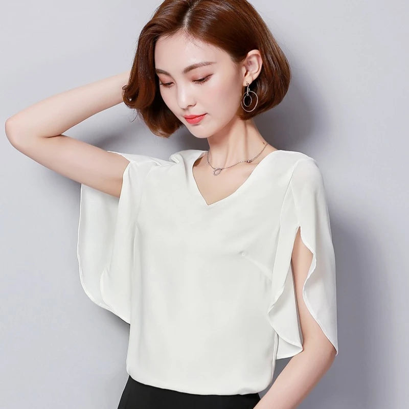 Sommer Damen Chiffon Bluse mit Lotusblatt-Ärmeln