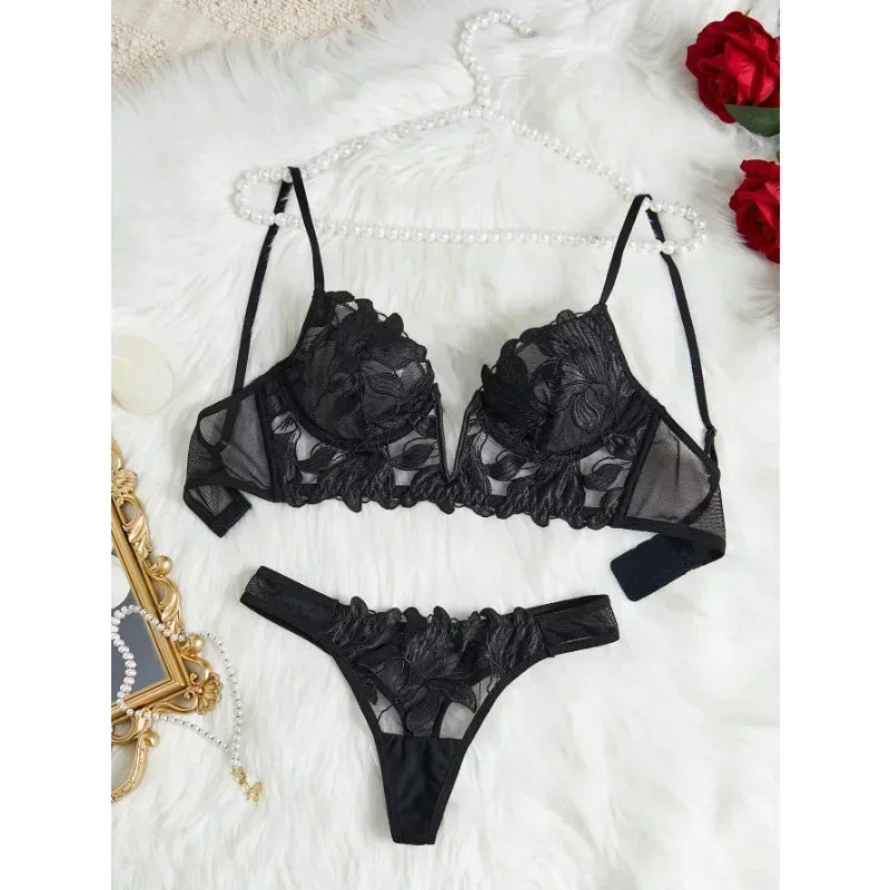 Feen-Dessous mit Blumenmuster, Valentinstag, bezaubernde kurze Höschen-Unterwäsche, sexy Nachthemd, ausgefallene V-Unterwäsche, Slip-Set für Damen, durchsichtiger BH