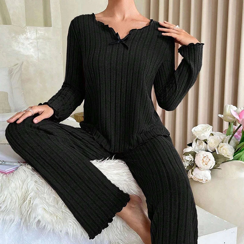 Damen-Herbst-Winter-Nachtwäsche, geripptes Pyjama-Set, langärmliges Oberteil und lange Hose, 2-teiliges Set, lässige Homewear, Loungewear